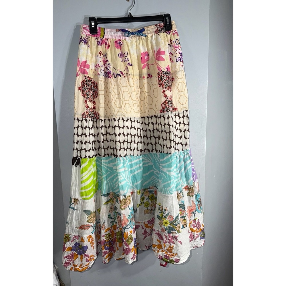 Henna brand patchwork panel tiered bohemian cotton maxi skirt size large